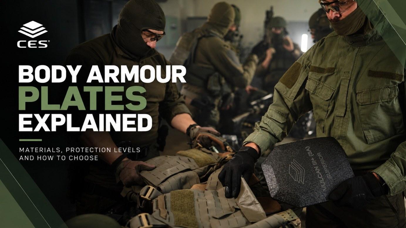 Team fitting hard armour plates into plate carriers, with the article title Body Armour Plates Explained