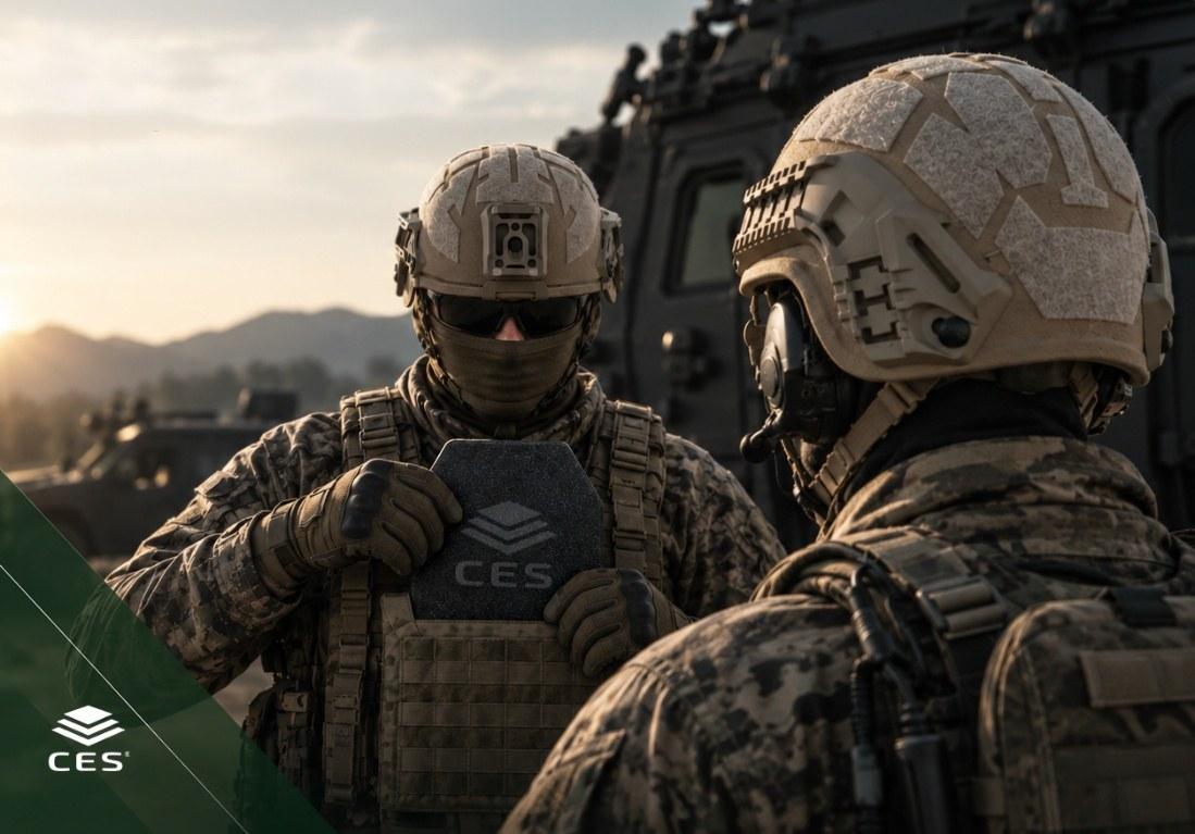 Two operators in combat gear, one holding a CES hard armour plate
