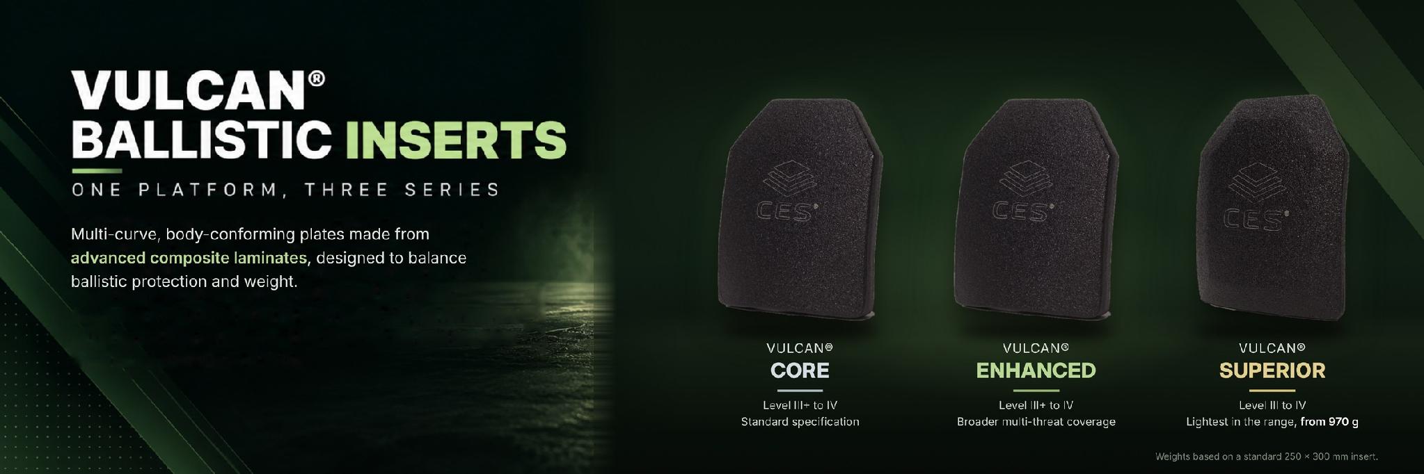 VULCAN CORE, ENHANCED and SUPERIOR ballistic inserts with protection levels for each series